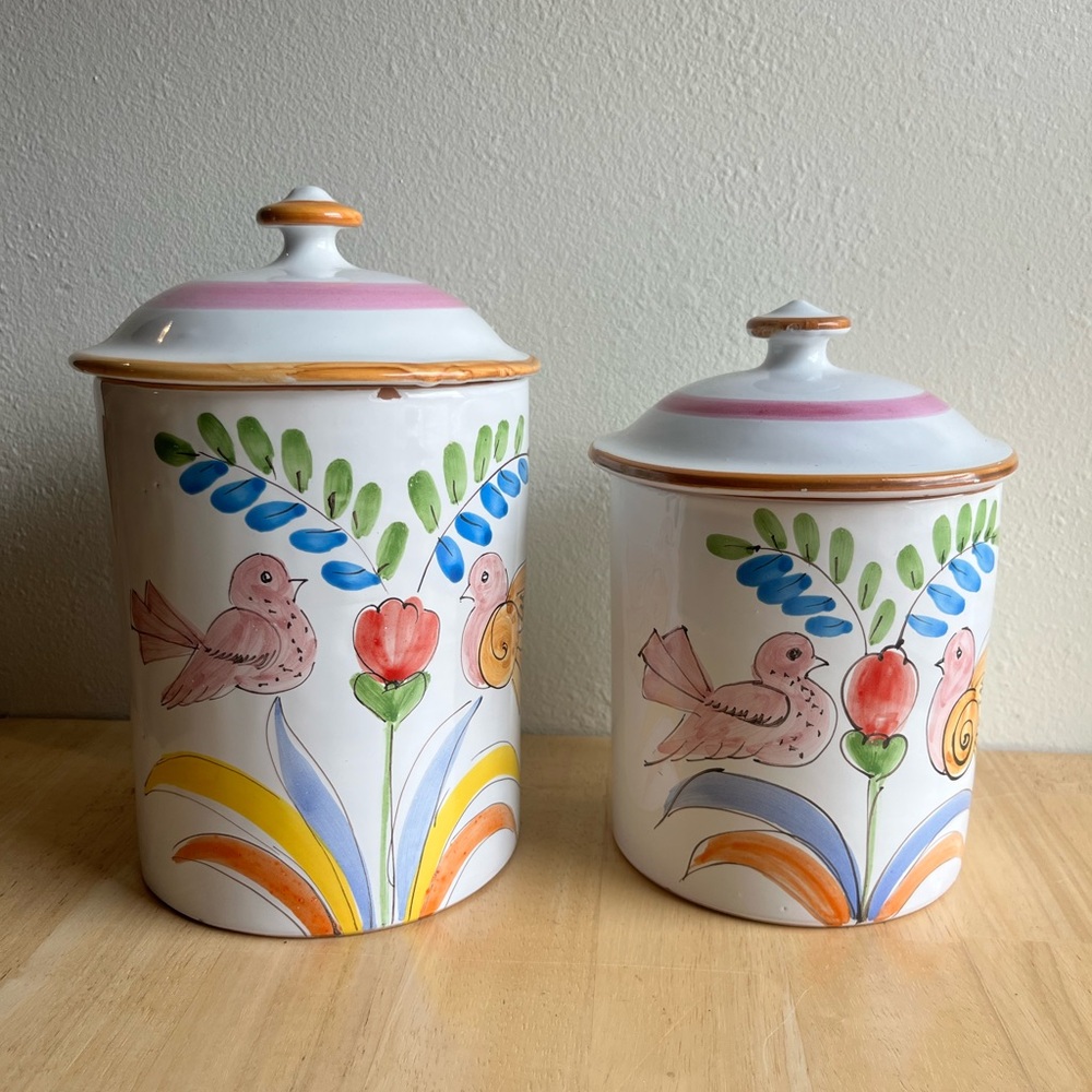 vintage Italian pottery hand painted love birds canister biscotti jar set